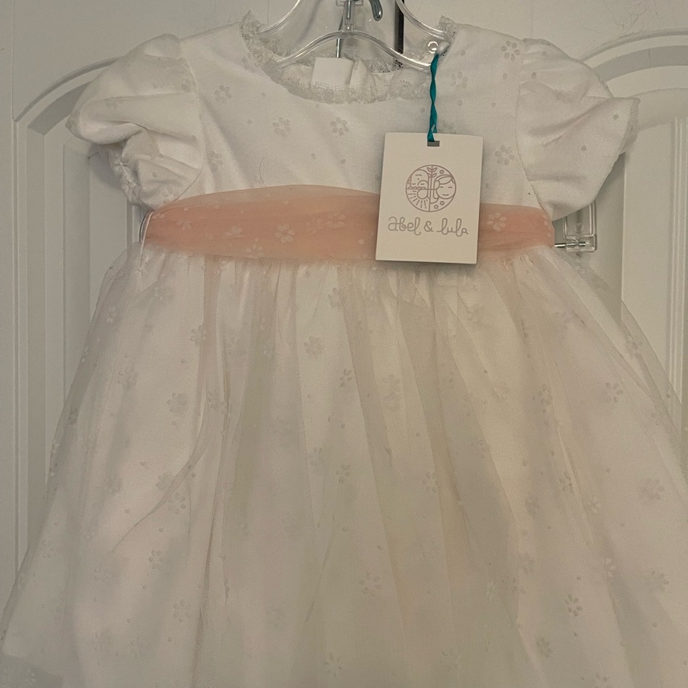 Abel & Lula White Dress with pink Sash with matching bloomers